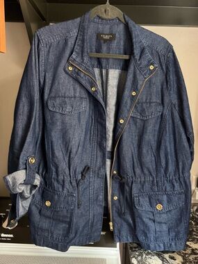 Talbots Navy Blue Denim Utility Jacket with Gold Hardware